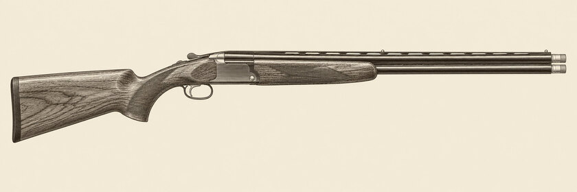 Drawing of a Browning Citori CX from the right: two stacked barrels with extended choke tubes, a mid-height rib with front and middle beads, a dark hatched action, a walnut stock with palm swell and one trigger.