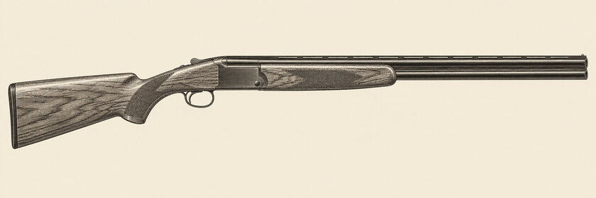 Drawing of a Browning Citori Lightning from the right: two stacked barrels with a top rib, a dark hatched action, a walnut stock with a rounded pistol grip, a rounded fore-end, flush choke mouths and one trigger.