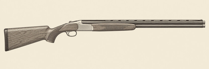 Drawing of a Browning Cynergy from the right: two stacked barrels, a low lightly hatched action with a curved front hinge seam, a walnut stock and one trigger.
