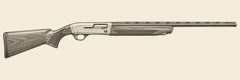 Drawing of a Browning Maxus from the right: one barrel with a top rib, a lightly hatched receiver with a right ejection port and bolt handle, a walnut stock, a fore-end with its front underside latch and one trigger.