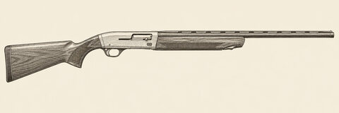 Drawing of a Browning Maxus from the right: one barrel with a top rib, a lightly hatched receiver with a right ejection port and bolt handle, a walnut stock, a fore-end with its front underside latch and one trigger.
