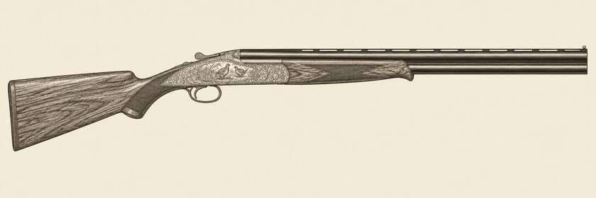 Drawing of a Caesar Guerini Magnus from the right: two stacked barrels with a ventilated top rib and solid centre rib, long sideplates with scroll and a game-bird scene, a walnut stock with a Prince-of-Wales grip, a wood buttplate, a schnabel fore-end, flush choke mouths and one trigger.