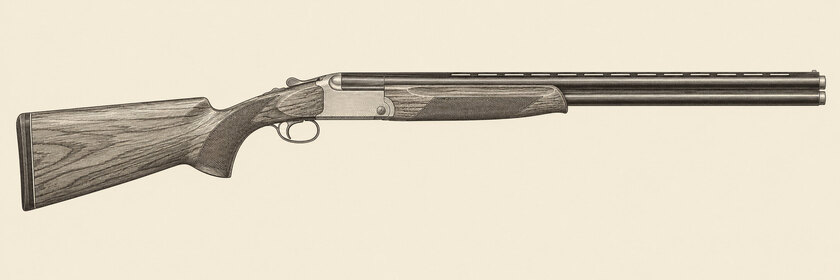 Drawing of a Caesar Guerini Summit from the right: two stacked barrels with a top rib, a lightly hatched boxlock action, a stock with palm swell, a schnabel fore-end and one trigger.