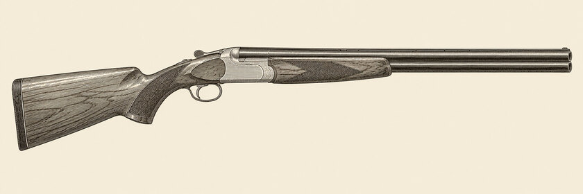 Drawing of a Fabarm Elos from the right: two vertically stacked barrels, a pale action, a single trigger, a pistol grip and a tulip fore-end.