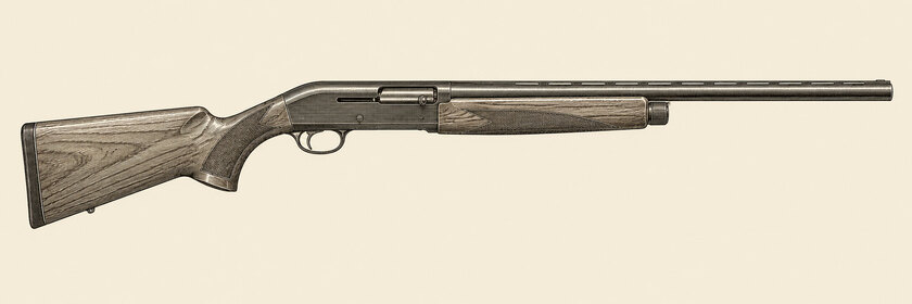 Drawing of a Franchi Affinity from the right: one barrel, a dark receiver with a right ejection port and bolt handle, a walnut stock and a walnut fore-end.