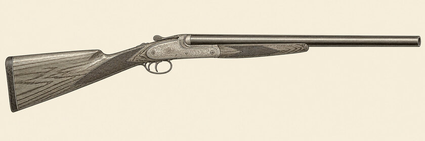 Drawing of a Holland & Holland Royal from the right: side-by-side barrels, long scroll-engraved sidelocks, two triggers, a straight diamond grip and a splinter fore-end.