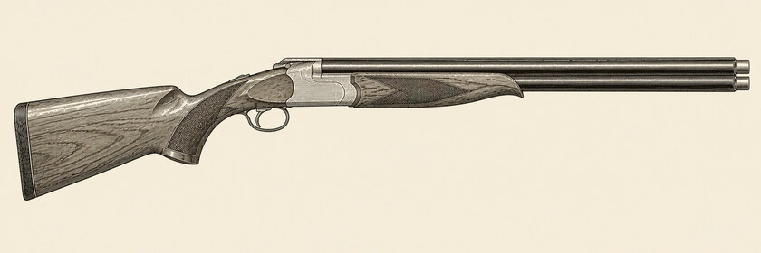 Drawing of a Krieghoff K-20 from the right: two vertically stacked barrels with extended chokes, a pale action with a sliding top latch, one trigger, a walnut stock and a schnabel fore-end.