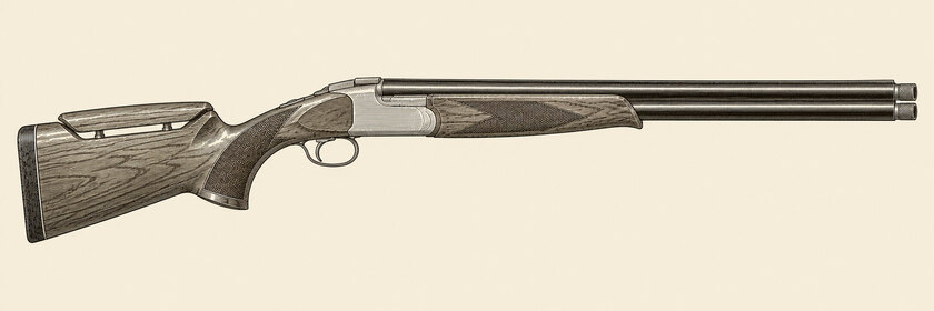 Drawing of a Krieghoff K-80 from the right: two vertically stacked barrels with extended chokes, a pale action with a sliding top latch, one trigger, a walnut stock, an adjustable comb and a schnabel fore-end.