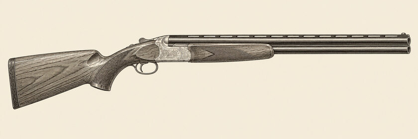 Drawing of a Lanber 2097 from the right: two vertically stacked barrels, a wide ventilated rib, a pale scroll-engraved action and a walnut pistol grip.