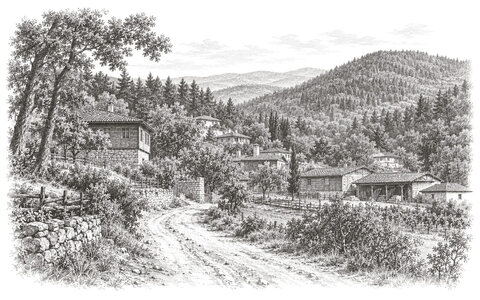 Drawing of a lane, timber houses and workshops among the wooded hills of Alemdağ in Çekmeköy.