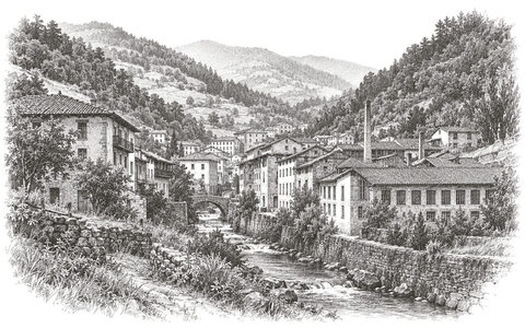 Drawing of a narrow stream passing houses and workshops in the wooded valley of Eibar.