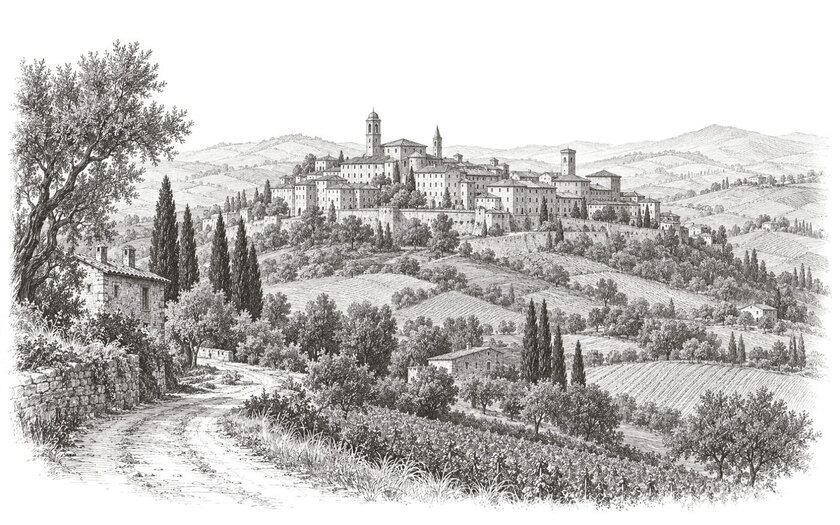 Drawing of the hilltop town of Urbino above cultivated hills.
