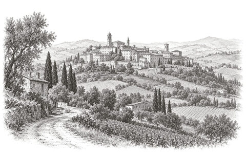 Drawing of the hilltop town of Urbino above cultivated hills.