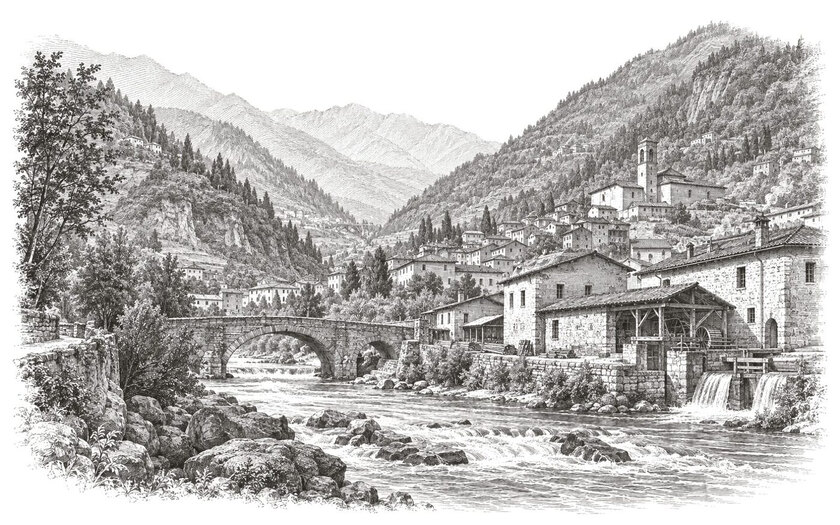 Drawing of Gardone Val Trompia, with a river, a stone bridge and buildings beneath wooded slopes.