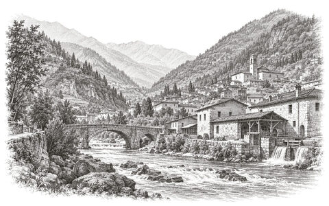 Drawing of Gardone Val Trompia, with a river, a stone bridge and buildings beneath wooded slopes.