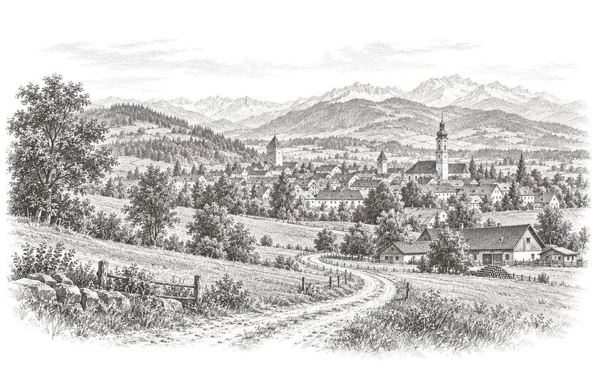 Drawing of a country lane and meadows leading towards Isny, with wooded foothills and Alpine ridges beyond.