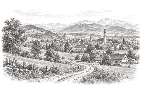 Drawing of a country lane and meadows leading towards Isny, with wooded foothills and Alpine ridges beyond.