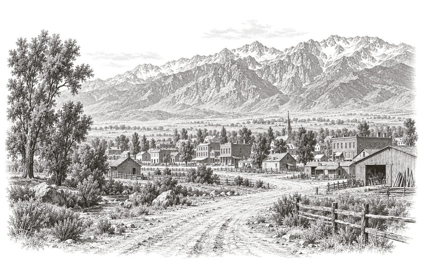 Drawing of houses and workshops in Ogden beneath the Wasatch Mountains.