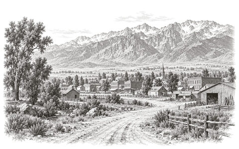 Drawing of houses and workshops in Ogden beneath the Wasatch Mountains.