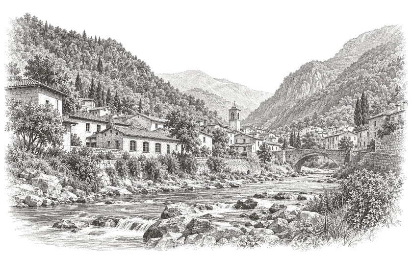 Drawing of a river passing houses and workshops in Marcheno, with a stone bridge beyond.