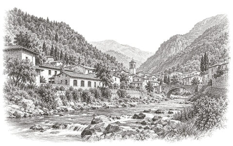 Drawing of a river passing houses and workshops in Marcheno, with a stone bridge beyond.