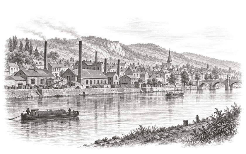 Drawing of the Meuse passing brick workshops and slate-roofed houses in Herstal.