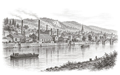 Drawing of the Meuse passing brick workshops and slate-roofed houses in Herstal.