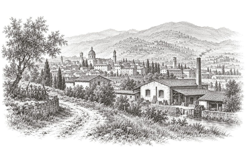 Drawing of workshops beside a watercourse on the edge of Brescia.