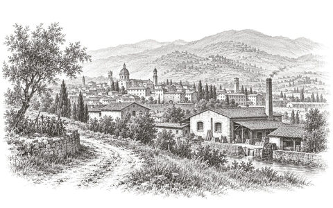 Drawing of workshops beside a watercourse on the edge of Brescia.