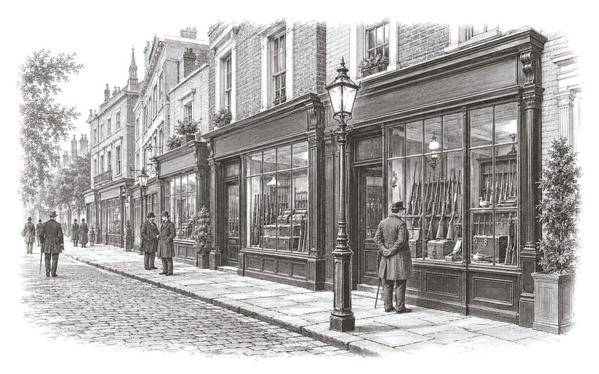 Drawing of gunmakers’ shopfronts and a gas lamp on a Victorian London street.