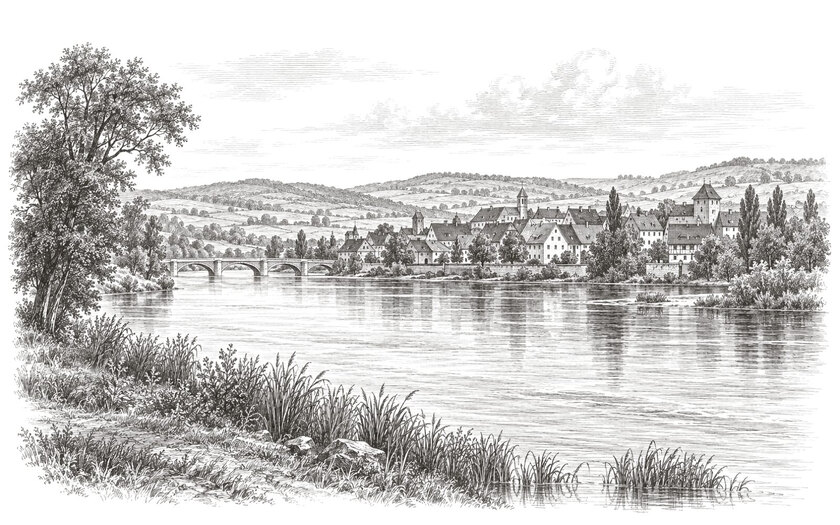 Drawing of the Danube passing steep-roofed buildings and a low bridge in Ulm.