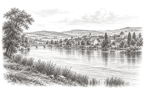 Drawing of the Danube passing steep-roofed buildings and a low bridge in Ulm.