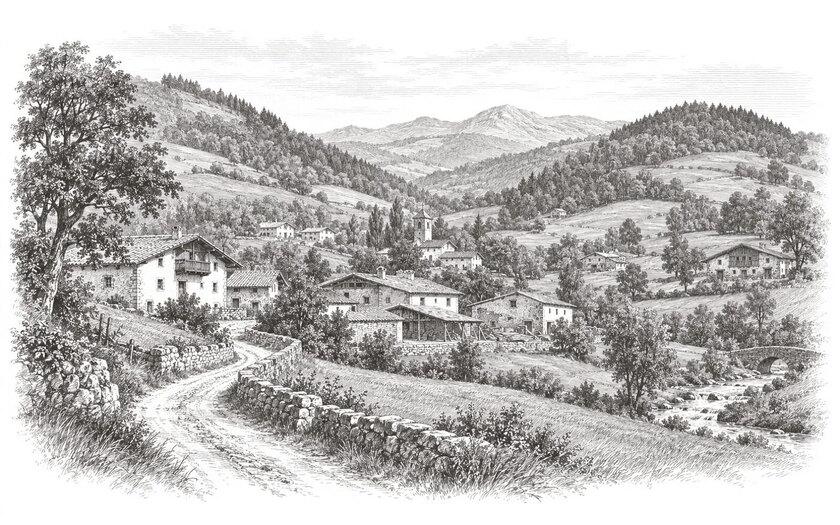 Drawing of a winding lane passing farmhouses and meadows beneath the wooded hills of Zaldibar.