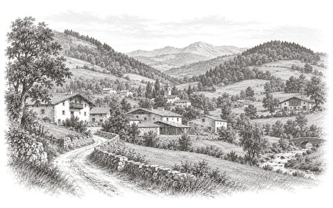 Drawing of a winding lane passing farmhouses and meadows beneath the wooded hills of Zaldibar.