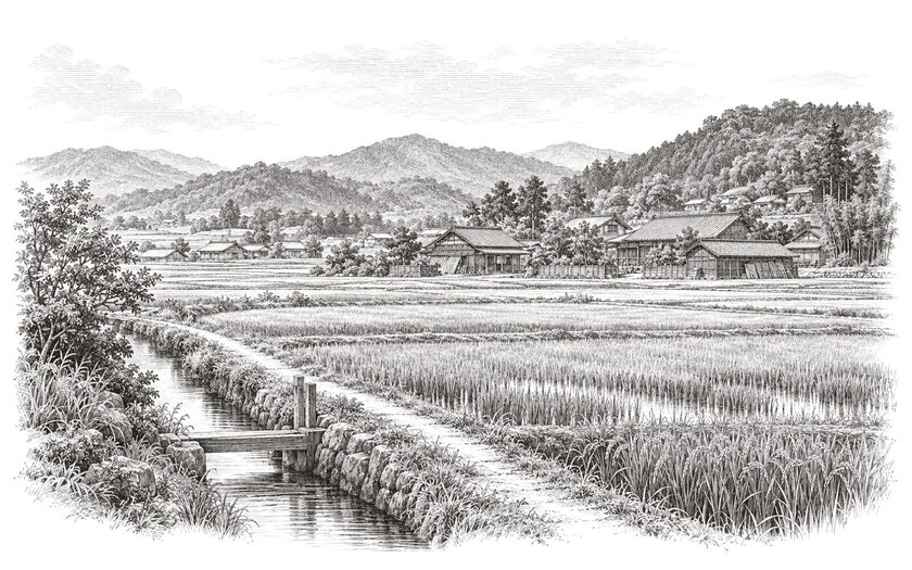 Drawing of rice paddies, an irrigation channel and timber houses beneath the wooded hills of Nankoku.