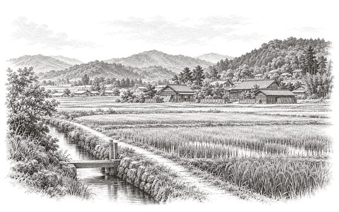 Drawing of rice paddies, an irrigation channel and timber houses beneath the wooded hills of Nankoku.