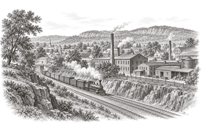 Drawing of railway tracks beside workshops and houses in Meriden.