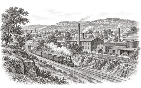 Drawing of railway tracks beside workshops and houses in Meriden.