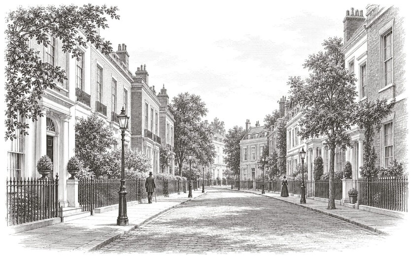 Drawing of townhouses, iron railings and gas lamps on a street in Victorian Mayfair.
