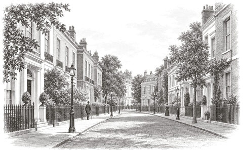 Drawing of townhouses, iron railings and gas lamps on a street in Victorian Mayfair.