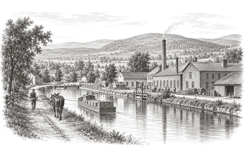 Drawing of a canal and towpath passing workshops in Ilion beneath the wooded slopes of the Mohawk Valley.