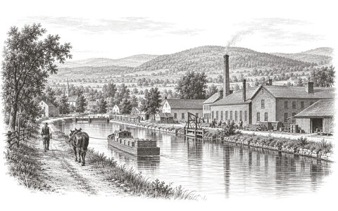 Drawing of a canal and towpath passing workshops in Ilion beneath the wooded slopes of the Mohawk Valley.