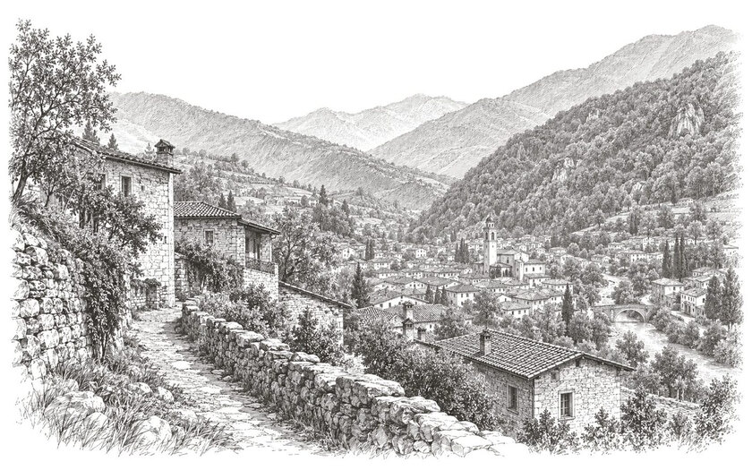 Drawing of a hillside path overlooking the rooftops of Marcheno and the wooded Val Trompia.
