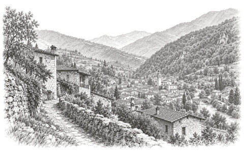 Drawing of a hillside path overlooking the rooftops of Marcheno and the wooded Val Trompia.
