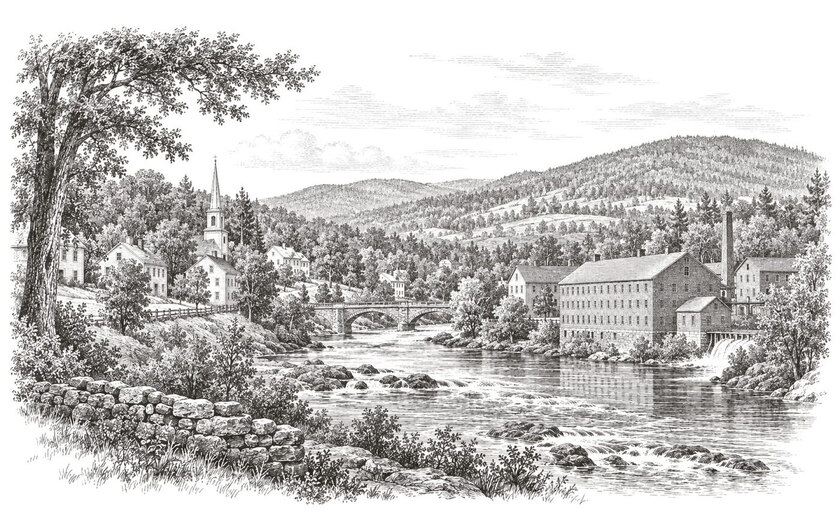 Drawing of a river passing houses and mill buildings among the wooded hills around Newport, New Hampshire.