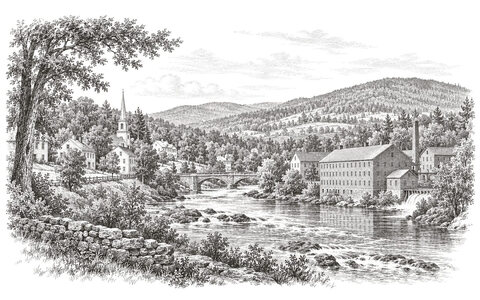 Drawing of a river passing houses and mill buildings among the wooded hills around Newport, New Hampshire.