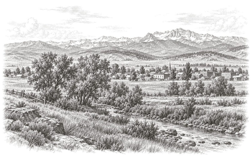 Drawing of a creek and cottonwoods on the plain near Sheridan, with the Bighorn Mountains beyond.