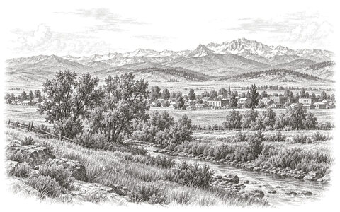 Drawing of a creek and cottonwoods on the plain near Sheridan, with the Bighorn Mountains beyond.