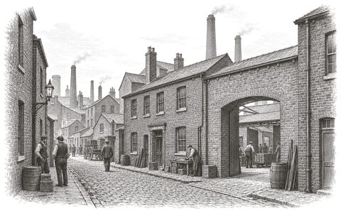 Drawing of brick workshops, chimneys and a courtyard passage in Birmingham’s Gun Quarter.