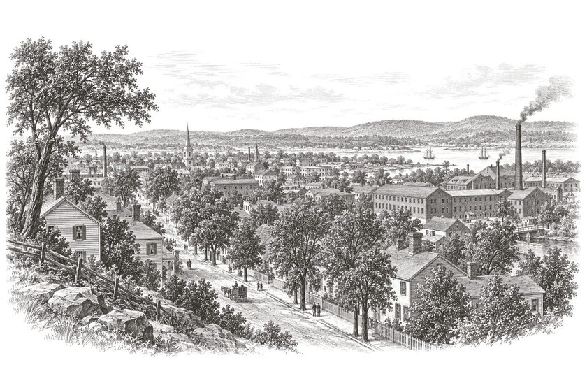 Drawing of houses and brick workshops along elm-lined streets in New Haven.